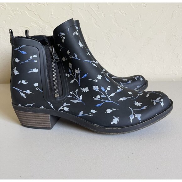 Lucky Brand Basel Black Rubber Floral Ankle Booties Chukka Side Zip Rain Size 9M - Picture 1 of 10